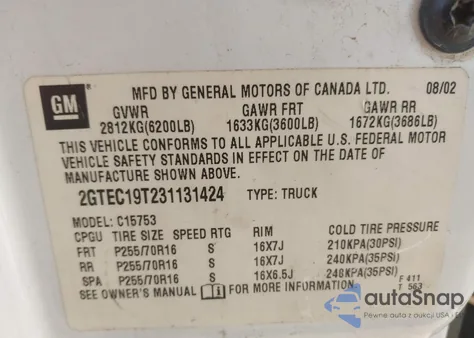 2003 GMC Sierra 1500 Sle from USA, damaged, VIN 2GTEC19T231131424